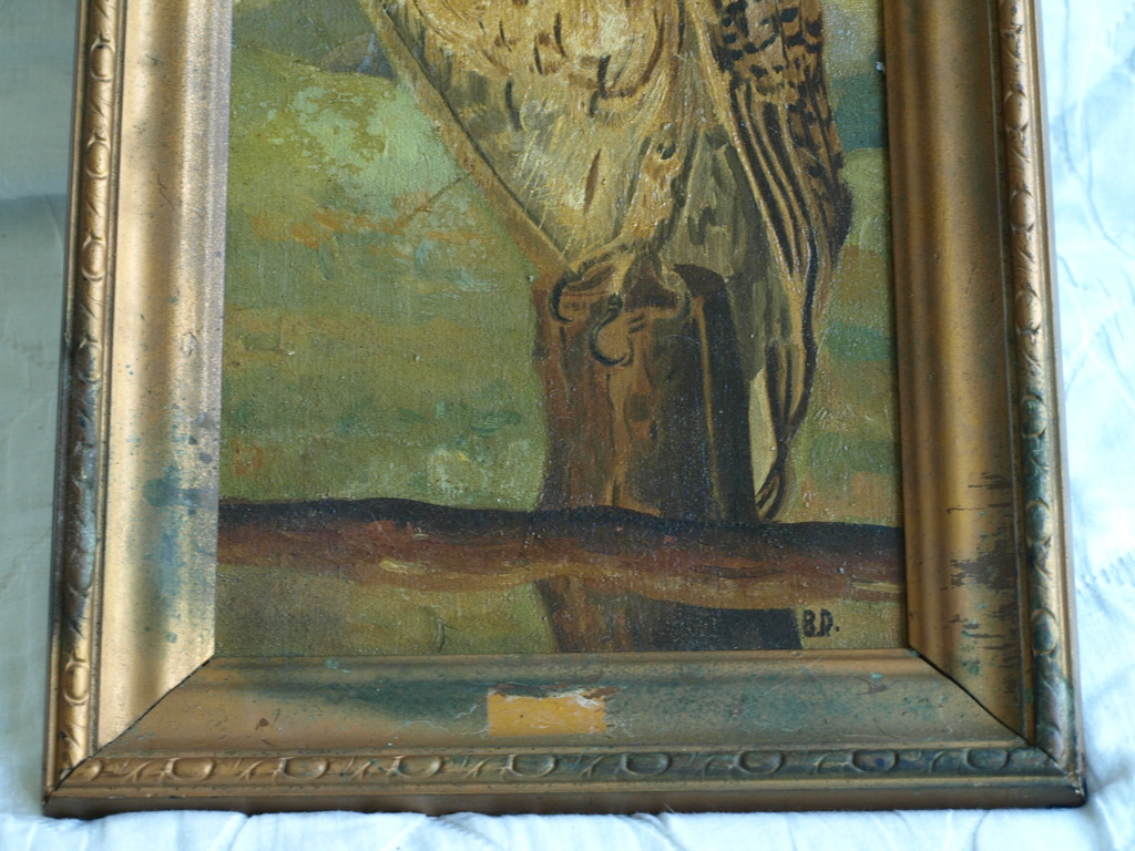 Gesigneerd B.D. : Olieverf op paneel , Uil – ingelijst– 1e helft 20e eeuw kopen? Bied vanaf 1!