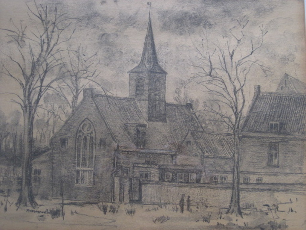 Sterke houtskooltekening "Kerk te Haarlem" van Haarlemse Vijftiger Poppe Damave kopen? Bied vanaf 1!