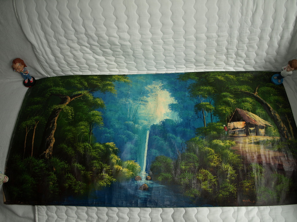 Olieverf op doek – Hutje in oerwoud bij waterval  –Gesigneerd –*DAKA-AANBIEDING* kopen? Bied vanaf 23!