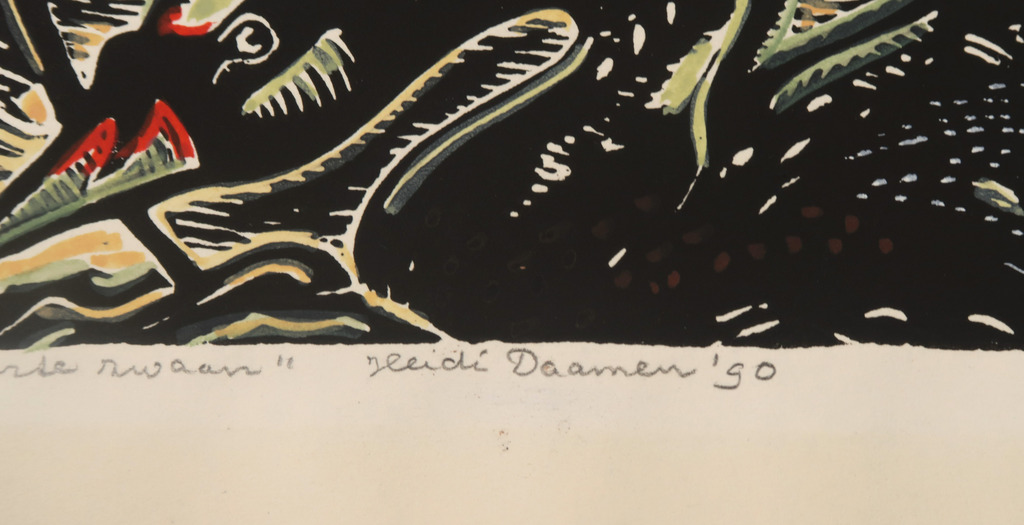 Heidi Daamen: Handgekleurde lino, Zwarte zwaan kopen? Bied vanaf 1!