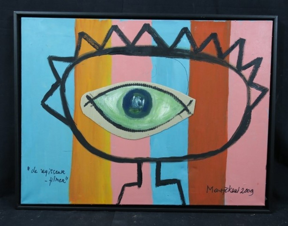 Meertje Kaal: Acryl,Olieverf en Collage op doek, De regisseur filmer - Ingelijst kopen? Bied vanaf 35!