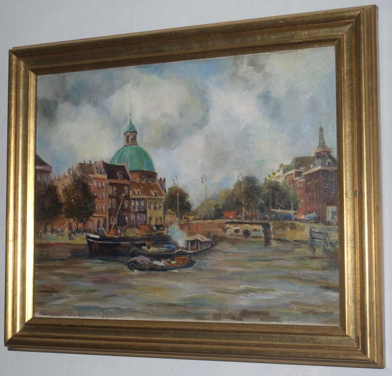 Amsterdam, Lutherse kerk vanuit het IJ - olieverf op doek   verkocht voor € 55!