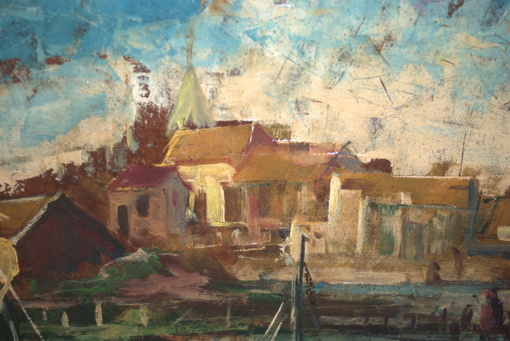 dorp aan het water - olieverf ingelijst kopen? Bied vanaf 75!