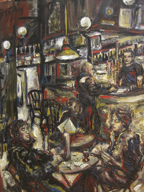 Boeiend olieverf "Cafe interieur met personen" gesigneerd Baxter  verkocht voor € 45!