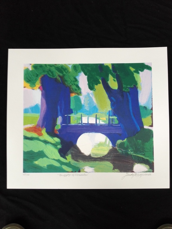 Jentsje Popma, zeefdruk op papier, Titel: Bruggetje bij Giessendam verkocht voor € 70!