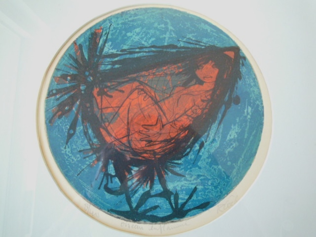 Schilderij / ets  - OISEAU ENFLAMME = VOGEL ONTBRANDT- 46 X 42 CM = gesigneerd kopen? Bied vanaf 20!