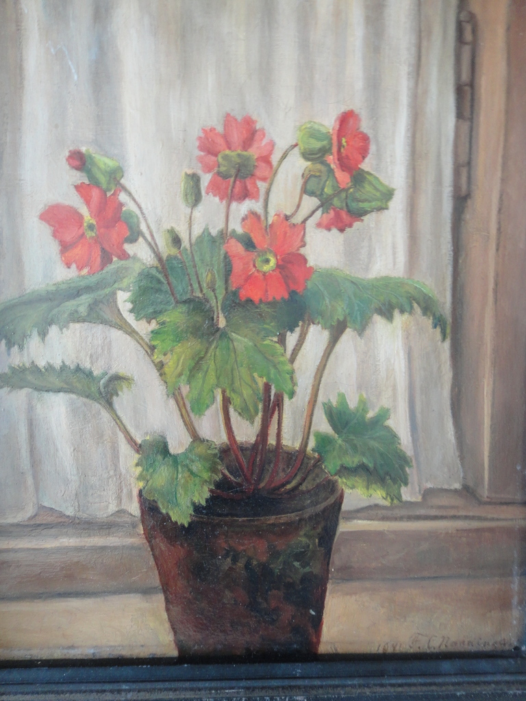 Mien Nanninga, olieverf op doek, bloeiende geranium verkocht voor € 50!