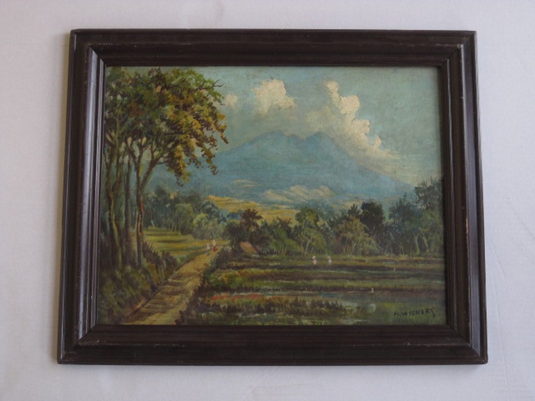 Hal Wichers 1893-1968 olieverf "werken op de Sawa's" Indonesie Java gesign 1935 verkocht voor € 120!