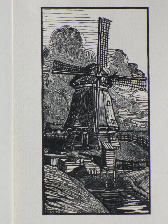 J.G.Veldheer, Molen in landschap, Houtsnede kopen? Bied vanaf 30!