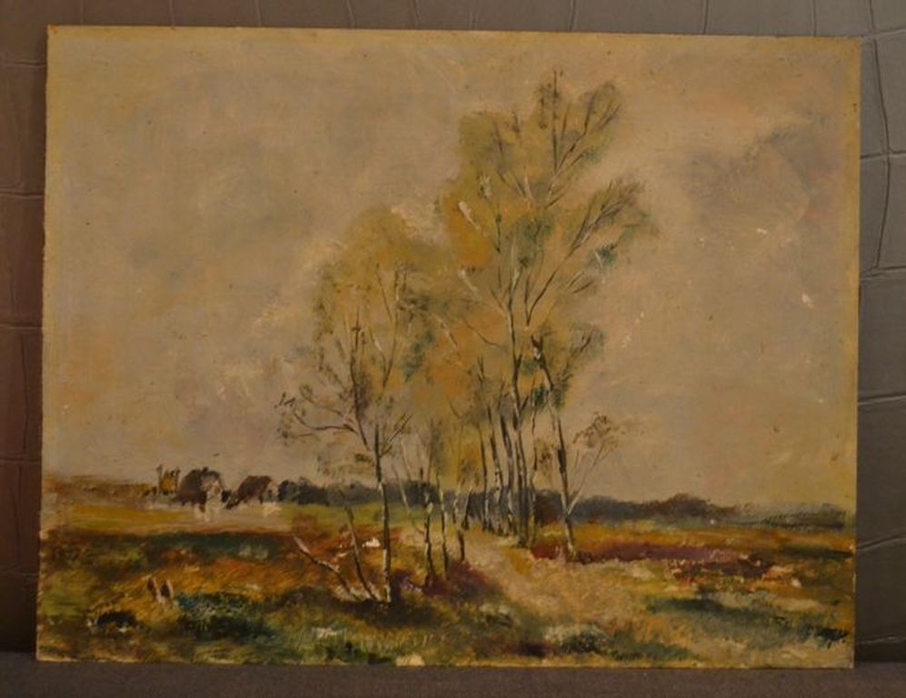 Onbekend (20ste eeuw) - marouflage - Landschap met bomen en boerderijen. kopen? Bied vanaf 1!