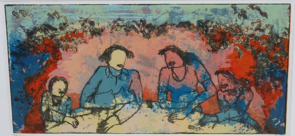 Sjer Jacobs: Zeefdruk, Aan tafel - Ingelijst verkocht voor € 100!