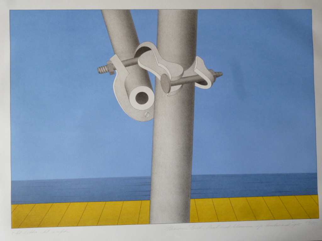 Marinus Fuit - kleurenlitho - Paal met klemmen op boulevard verkocht voor € 75!