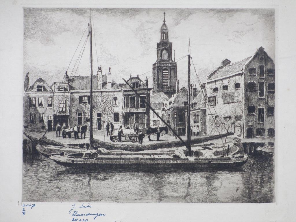 Jan Sirks, Gezicht op Vlaardingen, Ets verkocht voor € 45!