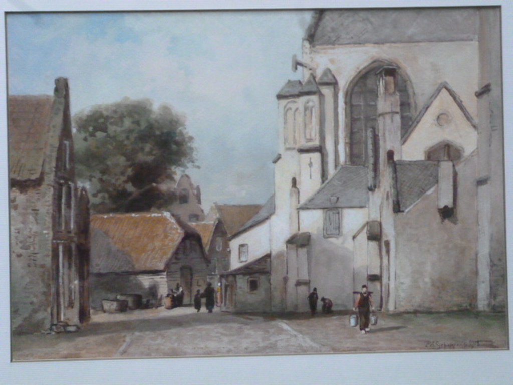P.A. Schipperus - aquarel - Personen op straat achter kerk verkocht voor € 225!
