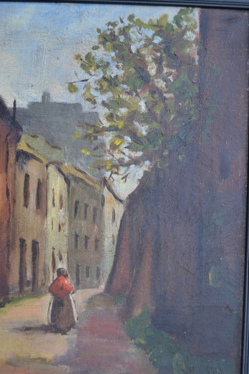 Onbekende kunstenaar - Olieverf op doek - Straatje met wandelende vrouw kopen? Bied vanaf 1!
