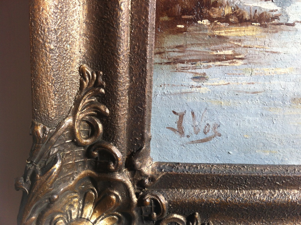 Plassenschap met dorpje en boten van Hubertus Josephus Vos (1855-1935), olieverf kopen? Bied vanaf 1000!