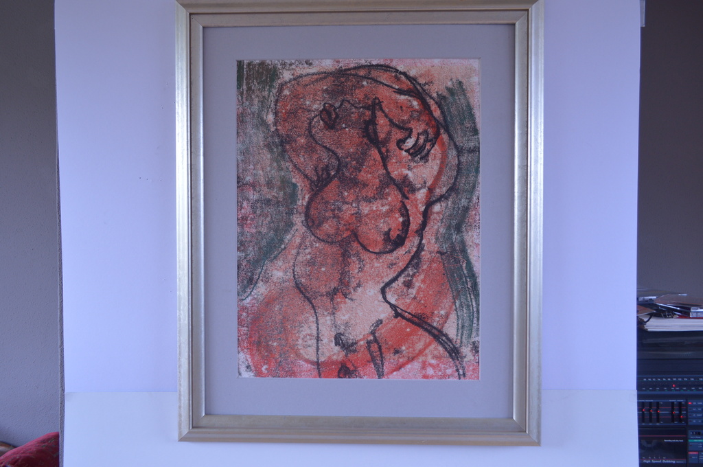 Cees (Kees) Snikkers , naakt in rood, zwart & groen, monoprint 1980 (45x38) verkocht voor € 200!