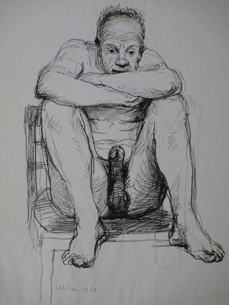 Aat Veldhoen, Zittende naakte man, Rotaprent verkocht voor € 36!