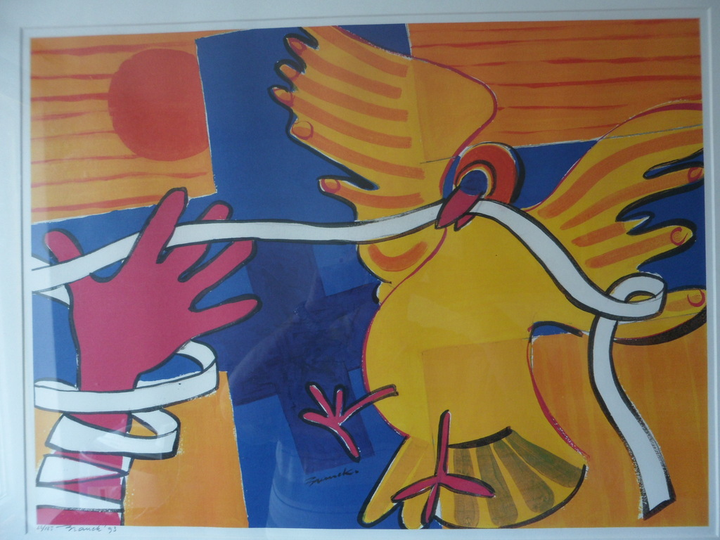 Niet of onleesbaar gesigneerd - Onbekende wel gesigneerd. Zeefdruk, Vogel met lint kopen? Bied vanaf 20!