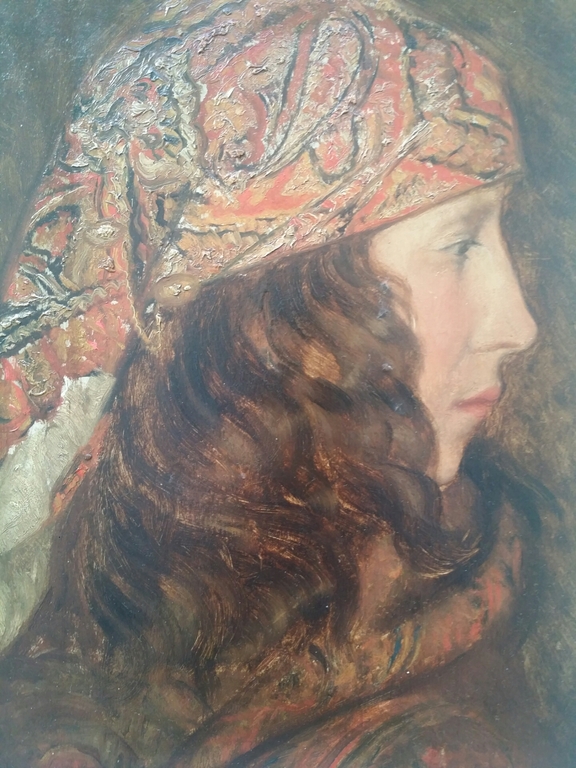Onbekend. Olieverf op board. Meisje met hoofddoek. verkocht voor € 135!