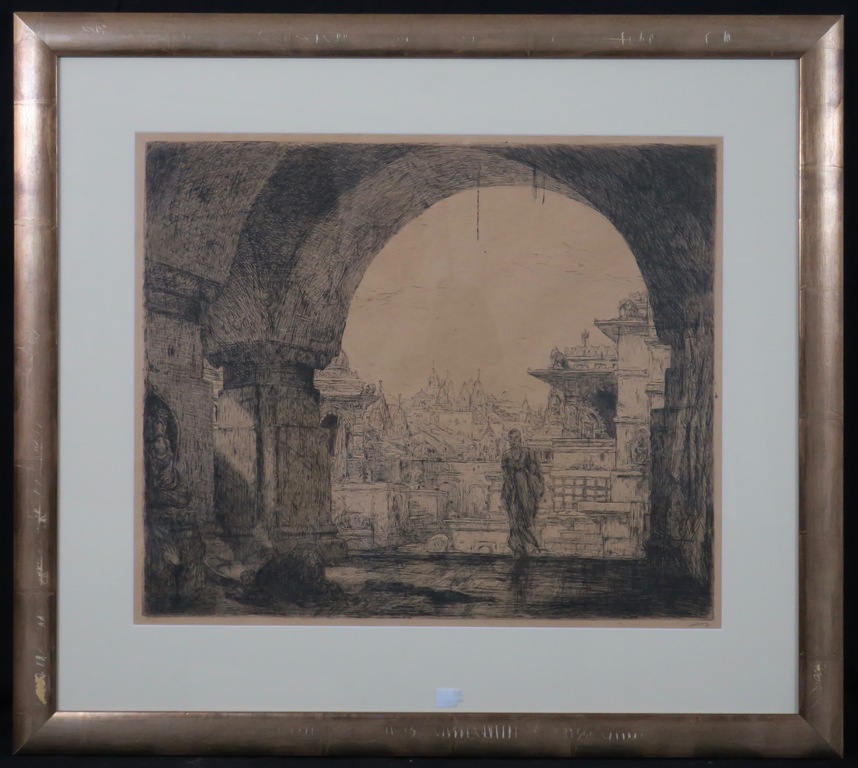 Marius Bauer: Ets, Vrouw bij tempel - Ingelijst (Groot) verkocht voor € 350!