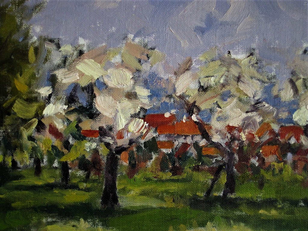 Fraai impression 1950 Hongaars? gesigneerd olieverf "landschap met bloesembomen" verkocht voor € 80!