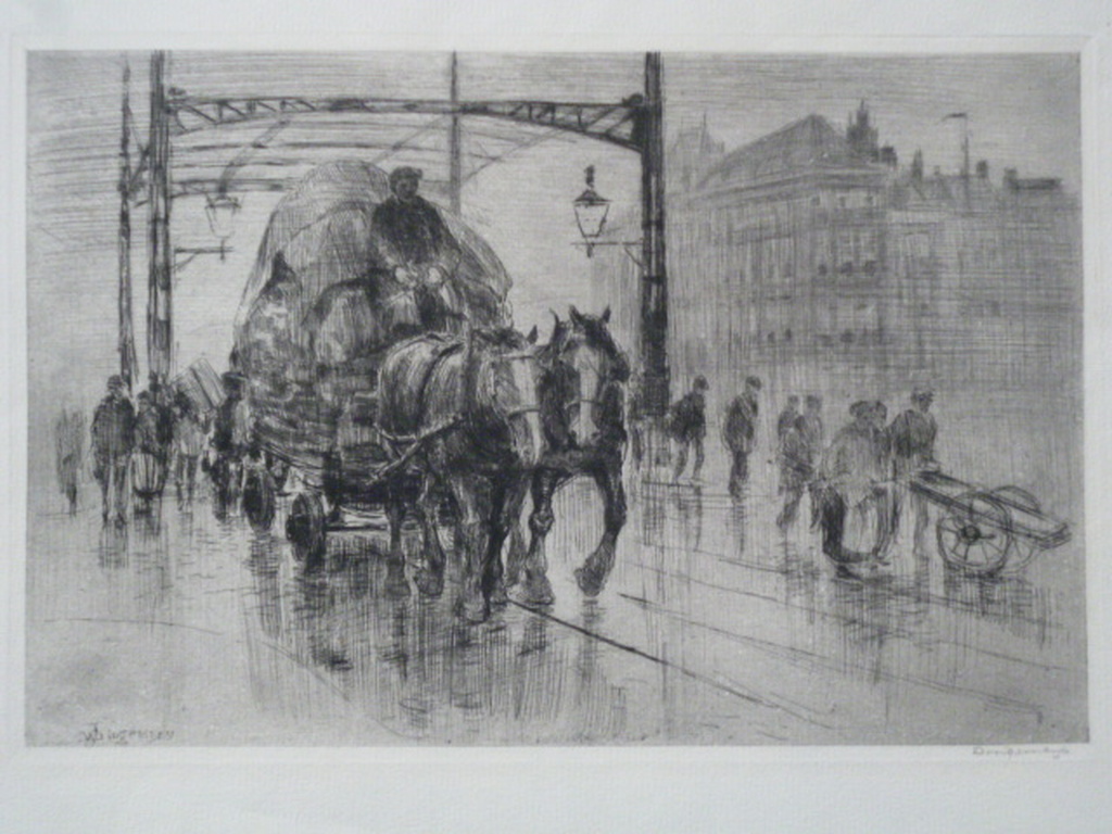 Waalko Jans Dingemans sr - ets - Stadsgezicht met paard en wagen verkocht voor € 45!