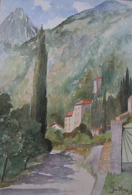 Jaap van Veen, grote aquarel, bij Gargnano, de grote cyprus verkocht voor € 35!