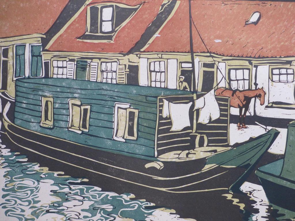 Cees Bolding, Woonboot aan de kade, Kleurhoutsnede kopen? Bied vanaf 30!