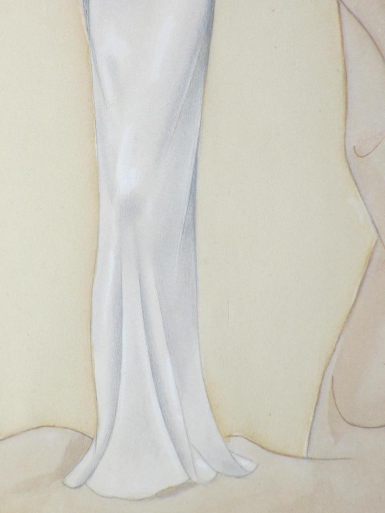 Leni Linthout, Model met krullend haar in witte jurk, Kleurtekening kopen? Bied vanaf 40!