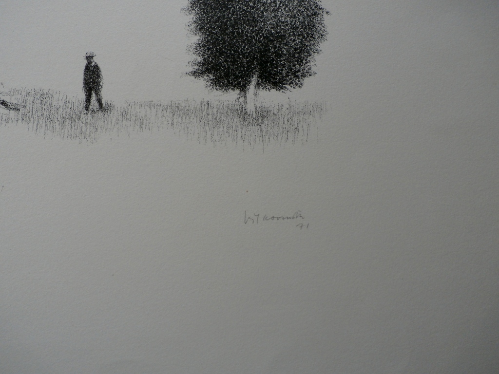 Metten Koornstra, Man in landschap tussen huis en bomen, 1971, handgesigneerd kopen? Bied vanaf 85!