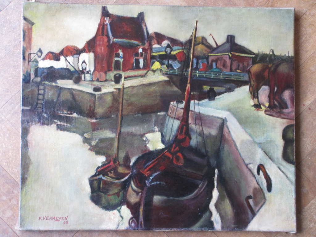F. Vermeyen, Stadshaven met schepen en paarden, Olieverf op doek kopen? Bied vanaf 1!