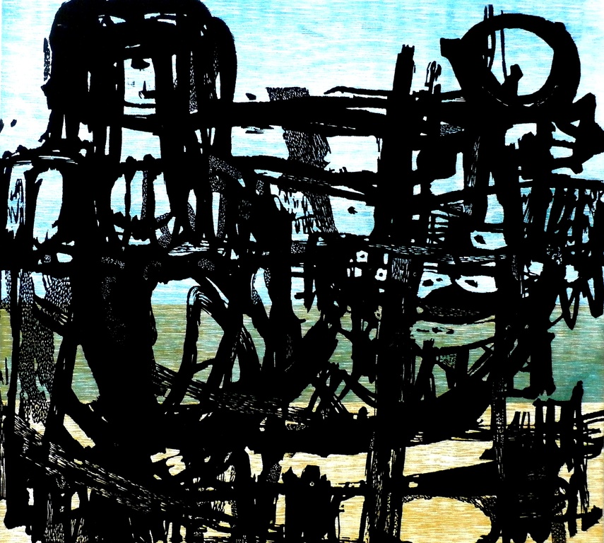 Jan Battermann - linogravure: strand - 1965 - oplage 20 stuks  verkocht voor € 40!