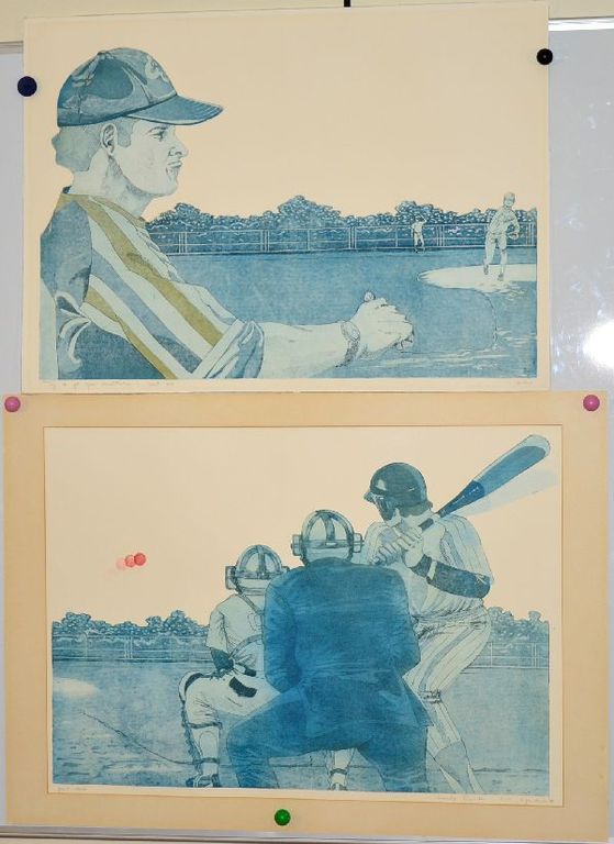 Leentje Linders: 2 kleurenetsen. Honkbal. Groot formaat. verkocht voor € 80!