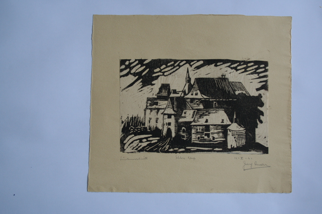 Onbekende kunstenaar - linoleum schnitt- Schloss Klerf gesigneerd kopen? Bied vanaf 1!