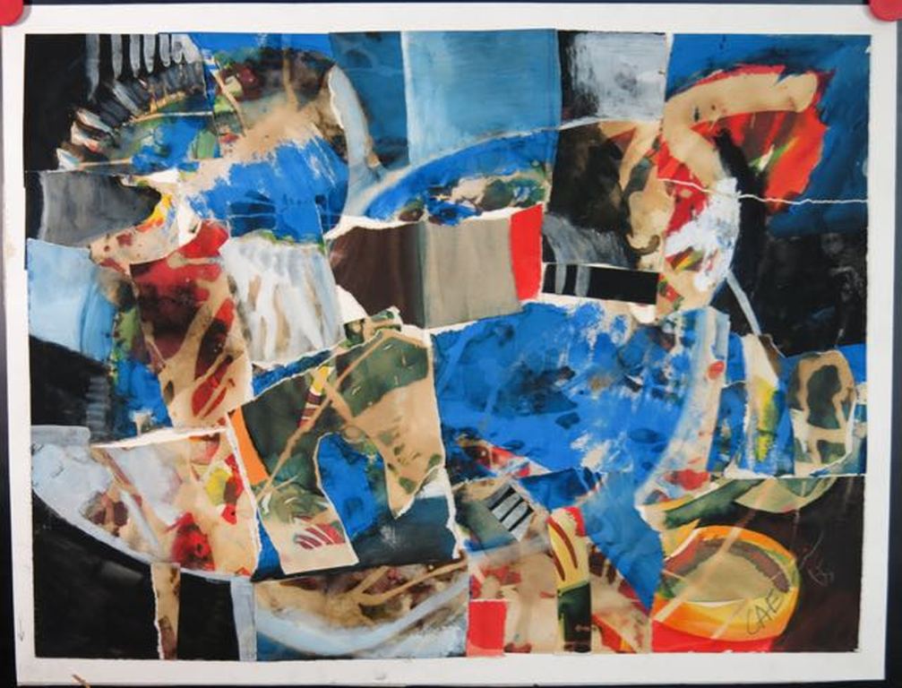 Jos Caelen: Gemengde techniek op papier, Abstracte compositie kopen? Bied vanaf 100!