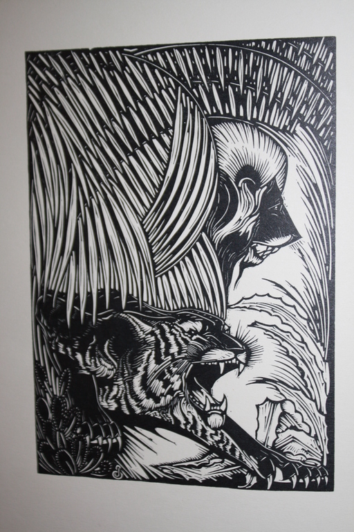 JAN SCHONK - ART DECO HOUTSNEDE 1926 - LEEUW EN TIJGER verkocht voor € 40!