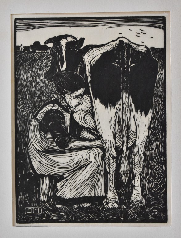 Jan MANKES (1889-1920), Koemelkster, houtddruk. kopen? Bied vanaf 200!