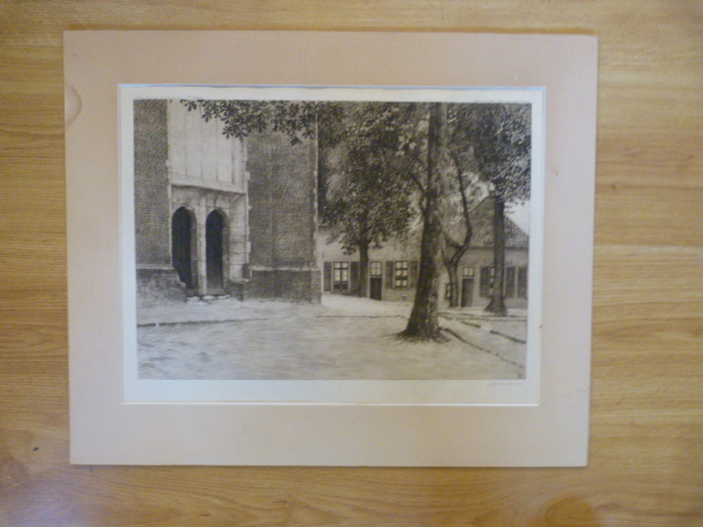Albert Hemelman - ets - dorpsplein bij de kerk. kopen? Bied vanaf 1!
