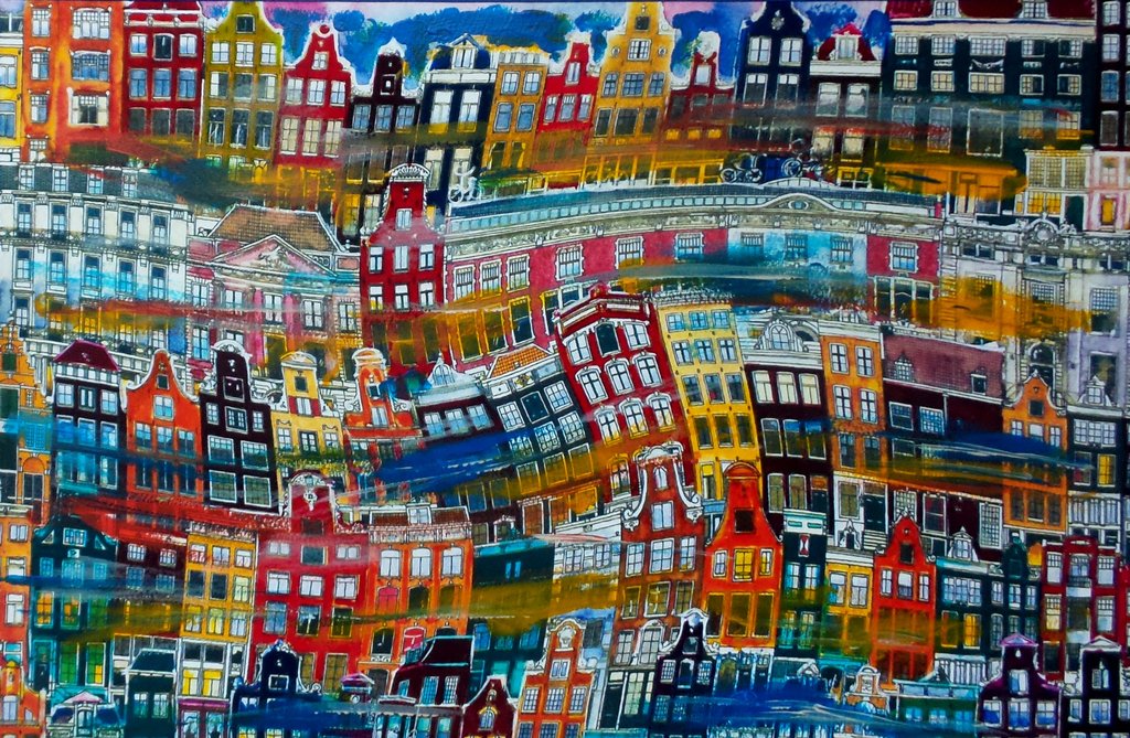 Elena Polyakova: Dansende huizen in Amsterdam, Gemengde techniek verkocht voor € 100!