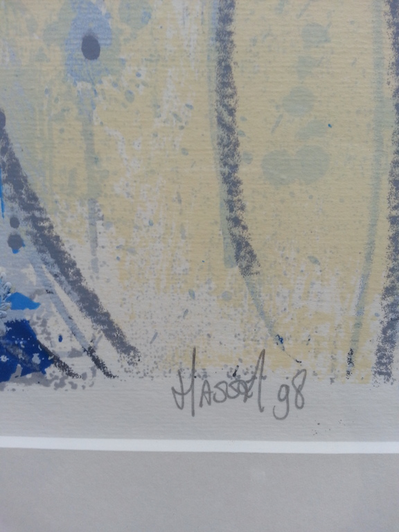 Ad van Hassel;, zeefdruk op papier, in houten lijst, titel: kopen? Bied vanaf 30!