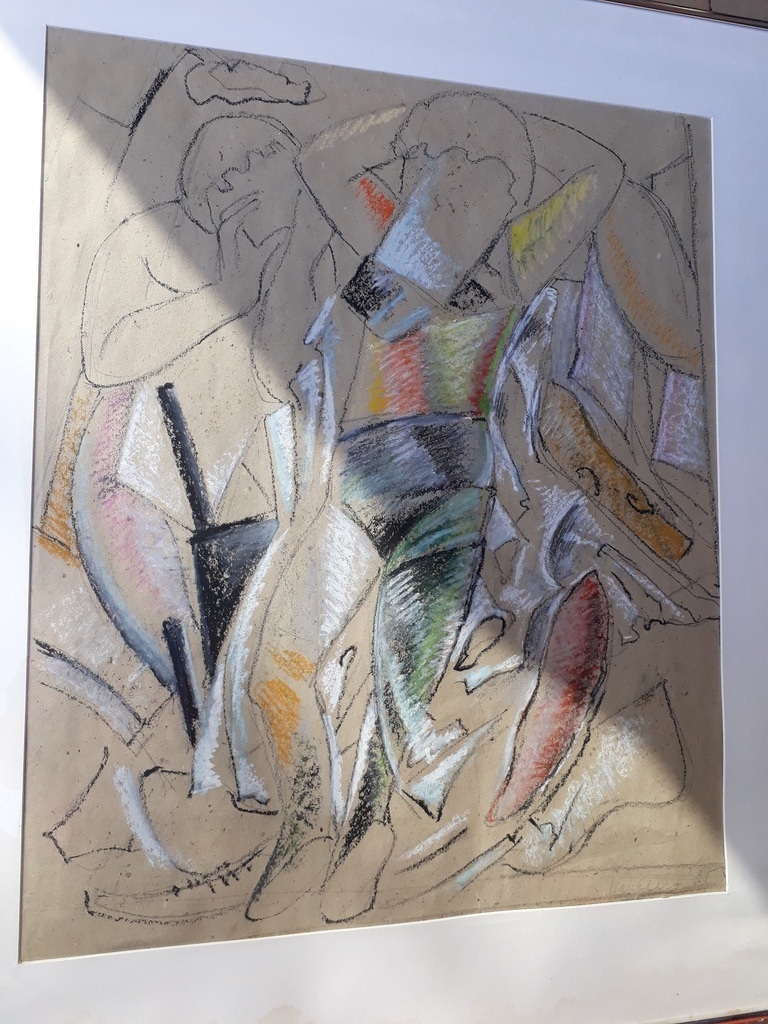 Fer Hakkaart - Paar met omgevallen tafel, vetkrijt op dun board 48x58, ingelijst verkocht voor € 45!