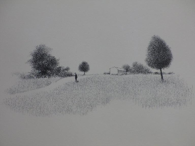 Metten Koornstra, Figuur in surrealistisch landschap. Litho verkocht voor € 50!