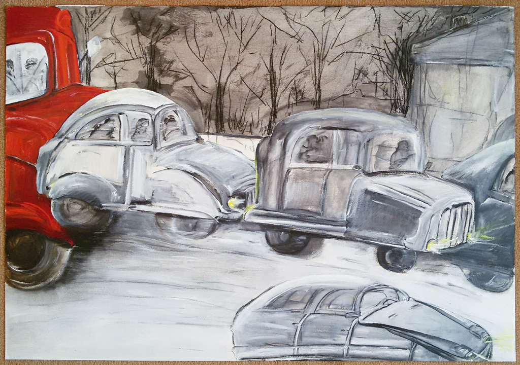 Winters verkeer, gemengde techniek op papier (groot) kopen? Bied vanaf 1!