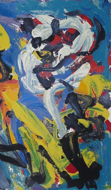Karel Appel, Kleurenzeefdruk,Titel: Spelend in het blauw kopen? Bied vanaf 175!