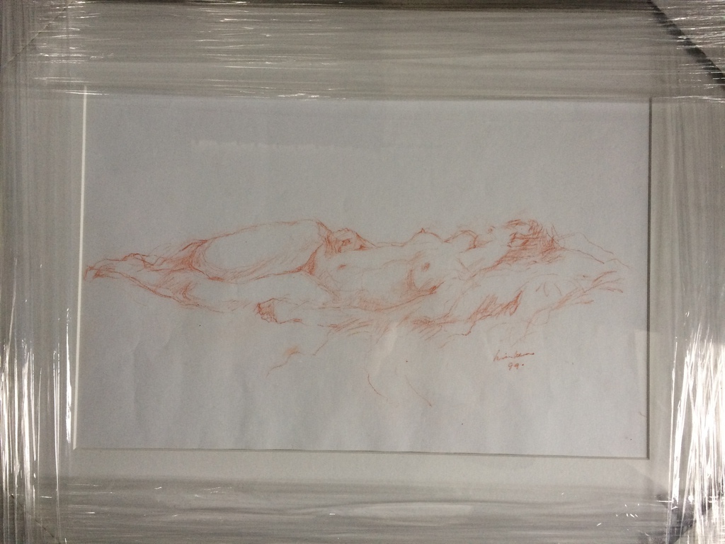 Joop Liesker, tekening met rood potlood, liggend naakt - voorzijde vrouw verkocht voor € 50!