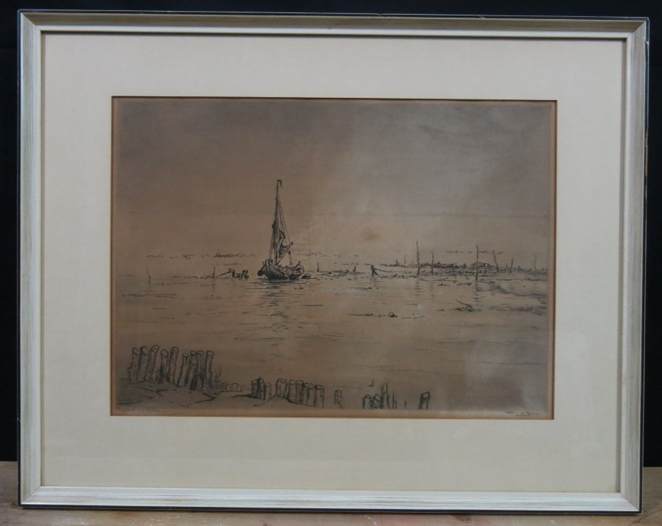 Toon de Jong: Ets, Zandschippers op het water -Ingelijst kopen? Bied vanaf 1!