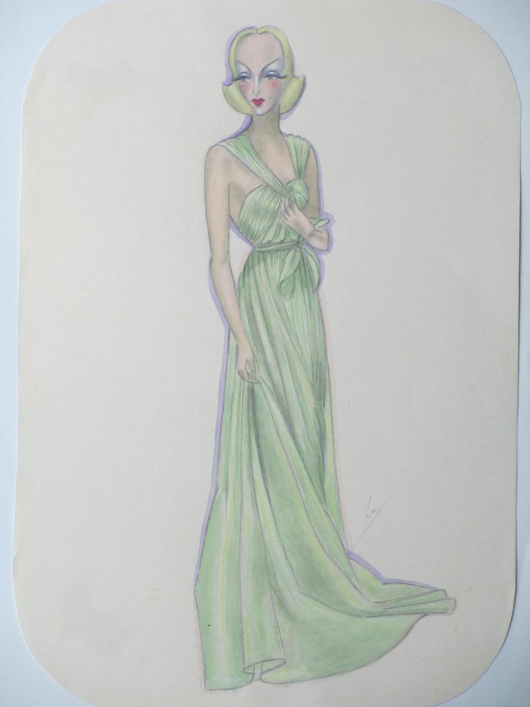 Onbekende kunstenaar, Art-deco model in groene jurk, Kleurtekening kopen? Bied vanaf 1!