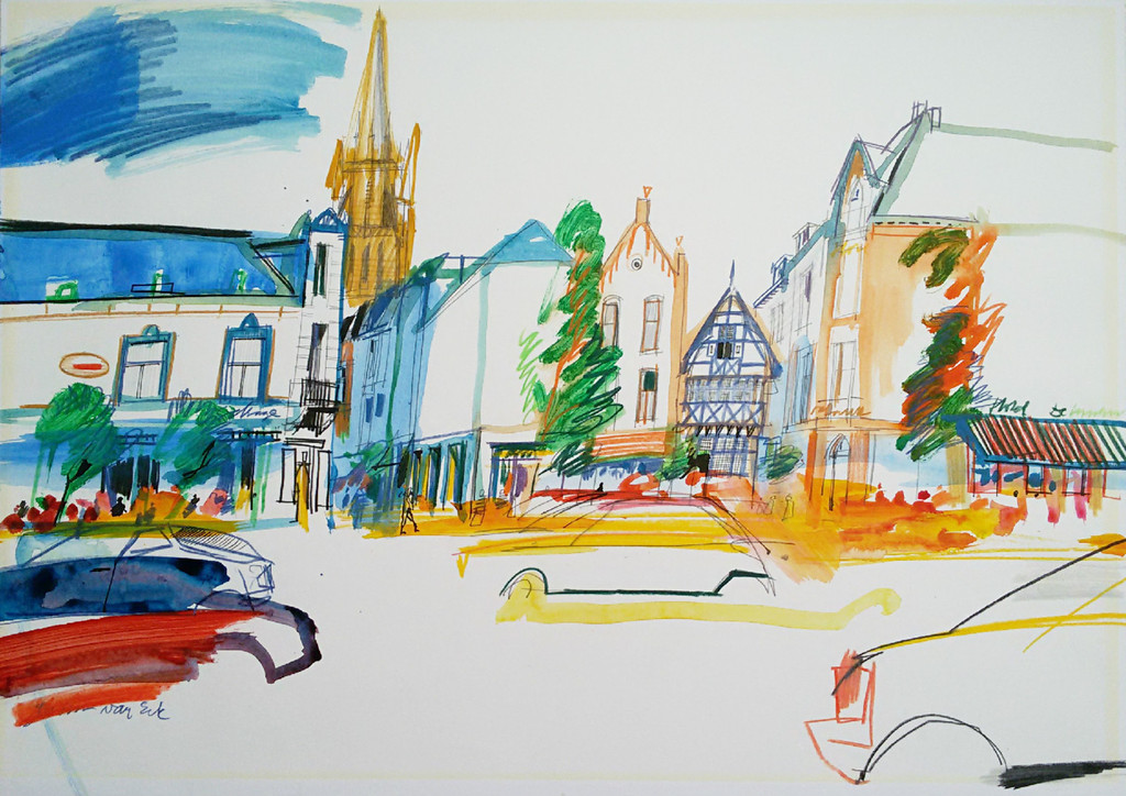 Guus van Eck - Markt in Sittard, gemengde techniek op papier verkocht voor € 150!