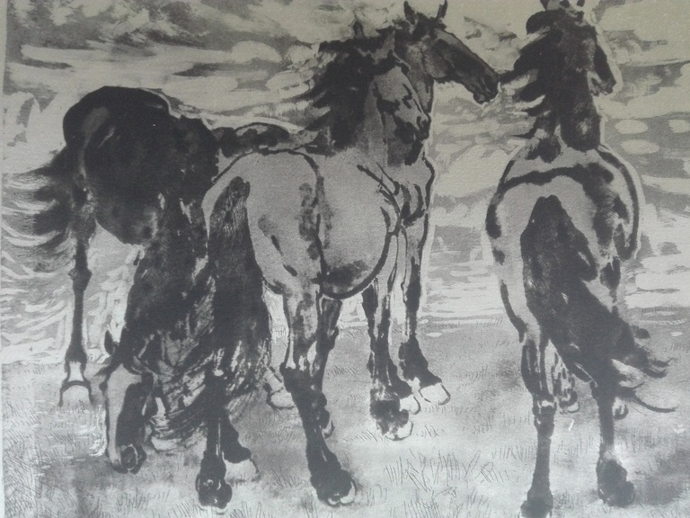 Gesigneerd onbekende kunstenaar, ets op zijde, Wilde paarden, impressionisme kopen? Bied vanaf 1!